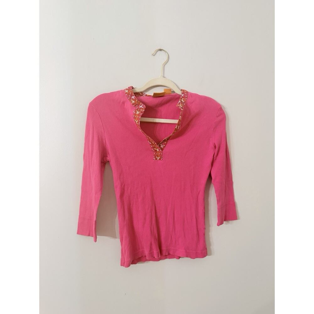 Beautiful TORY BURCH Ribbed Top Womens M Printed Trim V-Neck 3/4 Sleeve Pink